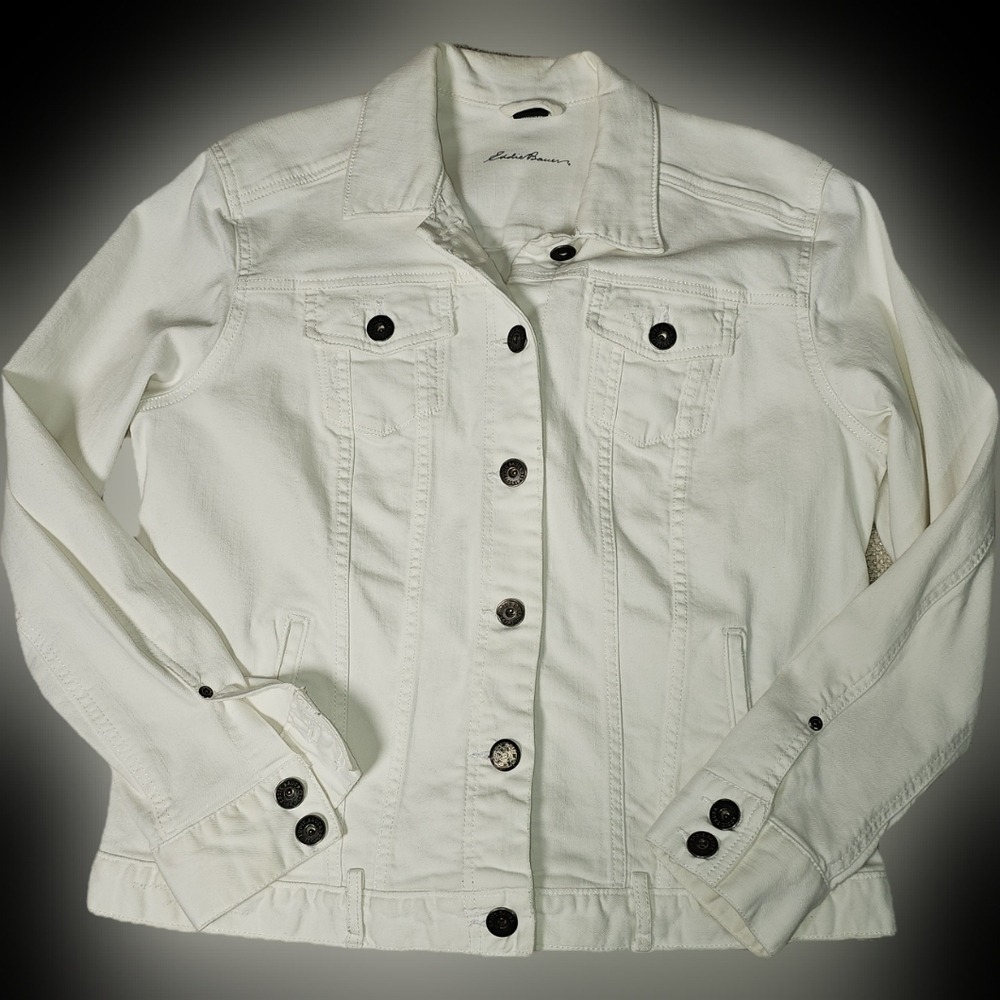White Eddie Bauer White Jean Jacket with Bronze Buttons Stretchy  XL - Picture 11 of 15